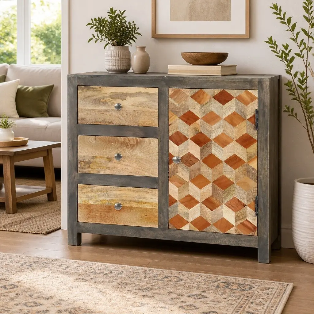Solid Mango Wood Side Cabinet with Drawers