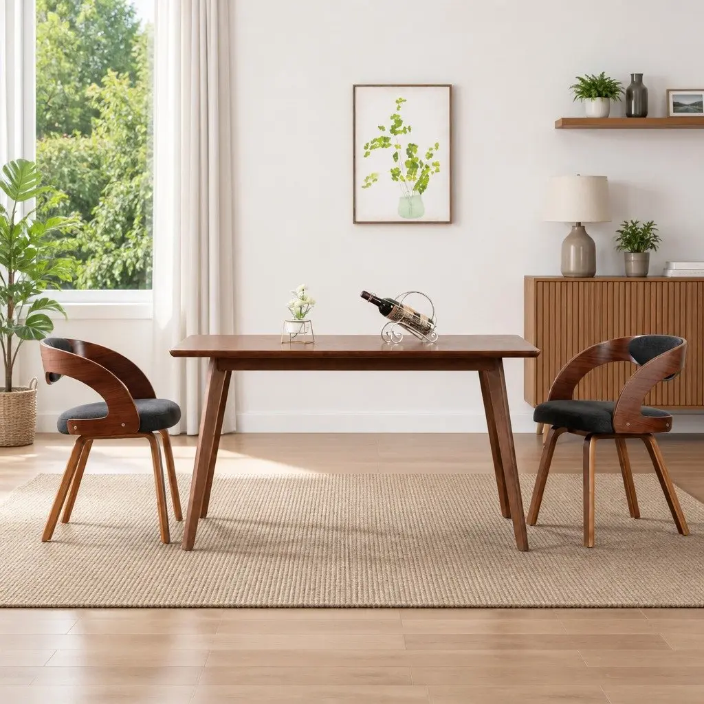 Dining Chairs Set of 2 Grey Bent Wood Frame Fabric Upholstered Kitchen Seating