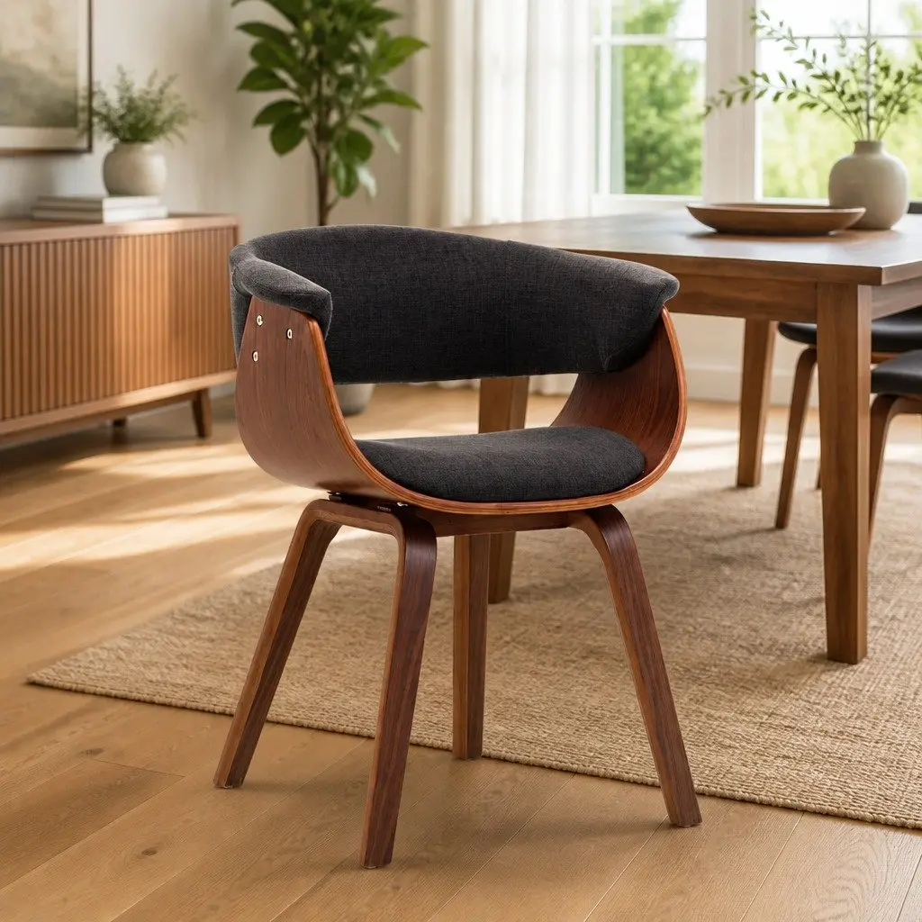 Dining Chair Grey Fabric Upholstered Kitchen Seating Ergonomic Bent Wood Frame
