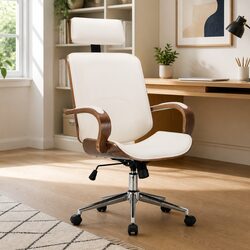 Adjustable Office Chair with Headrest - Cream Faux Leather
