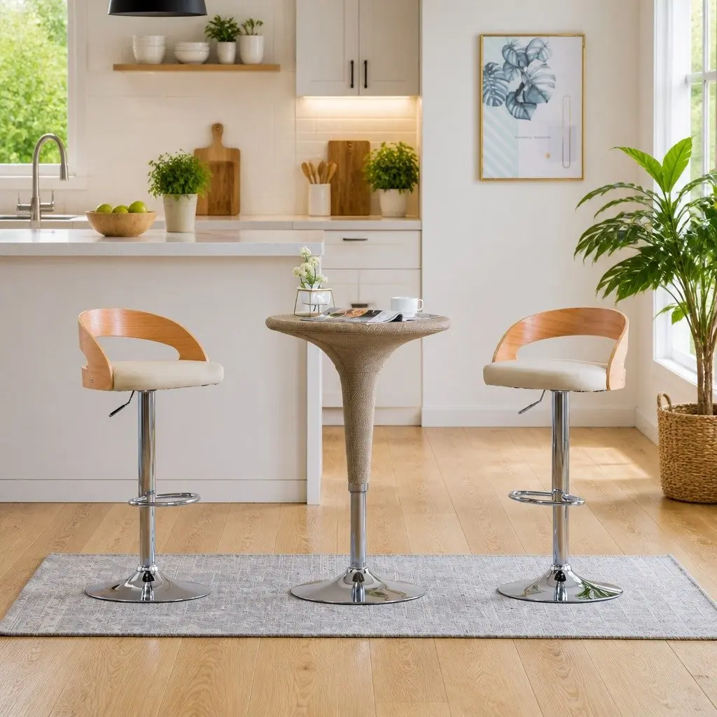 Bar Stools Set 2 pcs Cream Faux Leather Bentwood Frame Adjustable Height