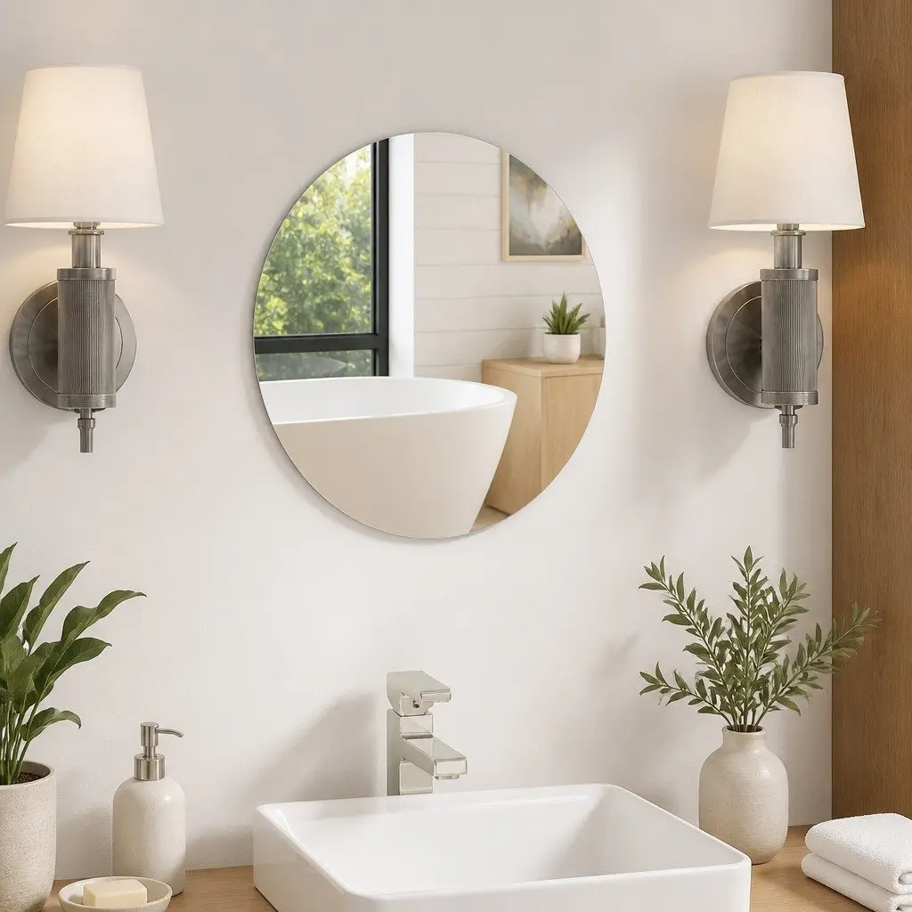 30cm Silver Round Frameless Wall Mirror, Glass Material
