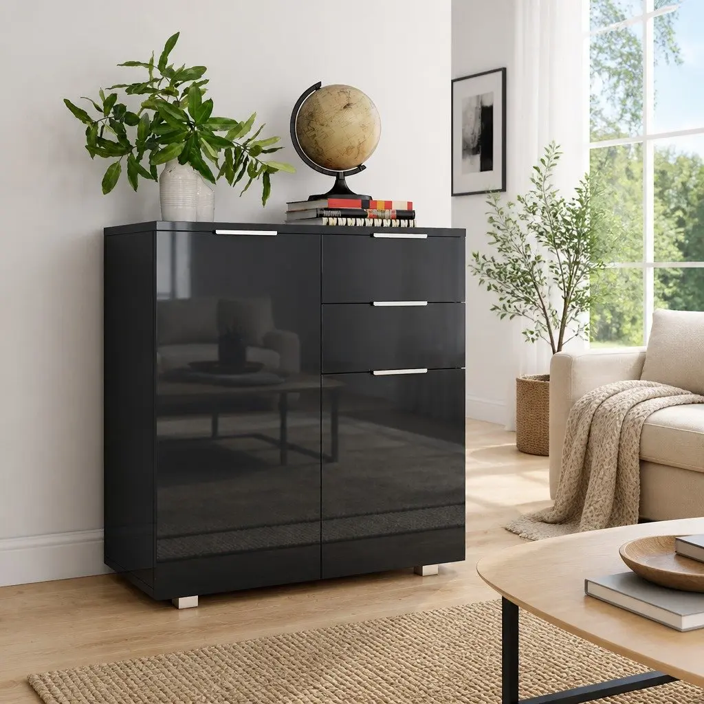 Sideboard Storage Cabinet for Home 71 x 35 x 80 cm High Gloss Black with 2 Drawers and 2 Doors Engineered Wood