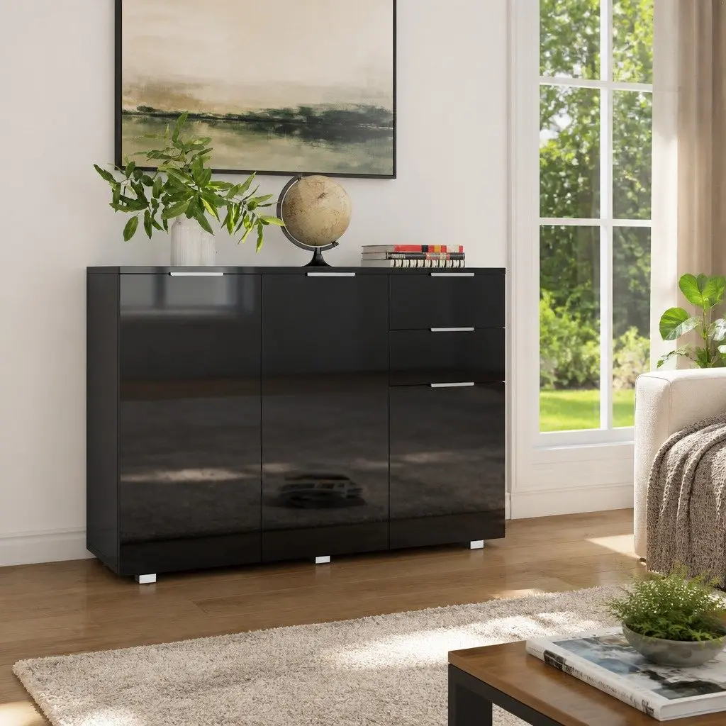 Sideboard Storage Cabinet 107x35x80.5cm High Gloss Black Buffet Drawers Doors