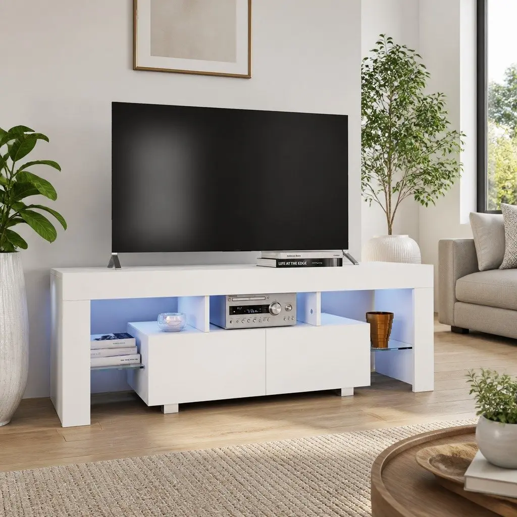 TV Cabinet Unit White High Gloss LED Lights Modern Living Room 130 x 35 x 45 cm