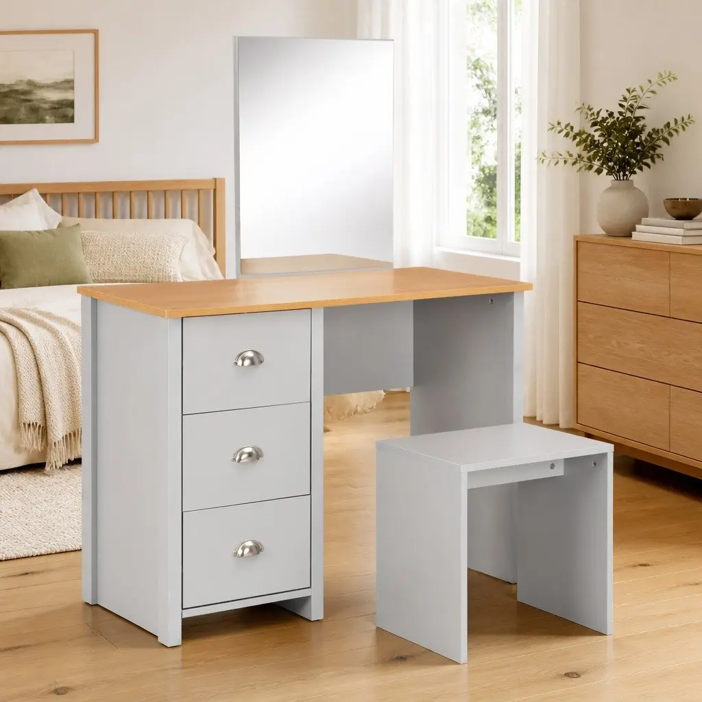 Bedroom Dressing Table with Mirror and Stool Grey Vanity Makeup Storage