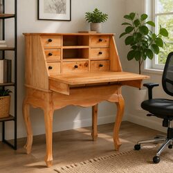 Secretary Desk Solid Wood Writing Table with Flip Board Storage Drawers Brown