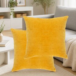 Throw Pillows Set of 2 in Yellow Cotton Velvet, 45x45 cm