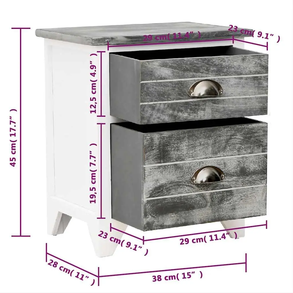Bedside Table Grey White 2 Drawer Nightstand Storage Cabinet Paulownia