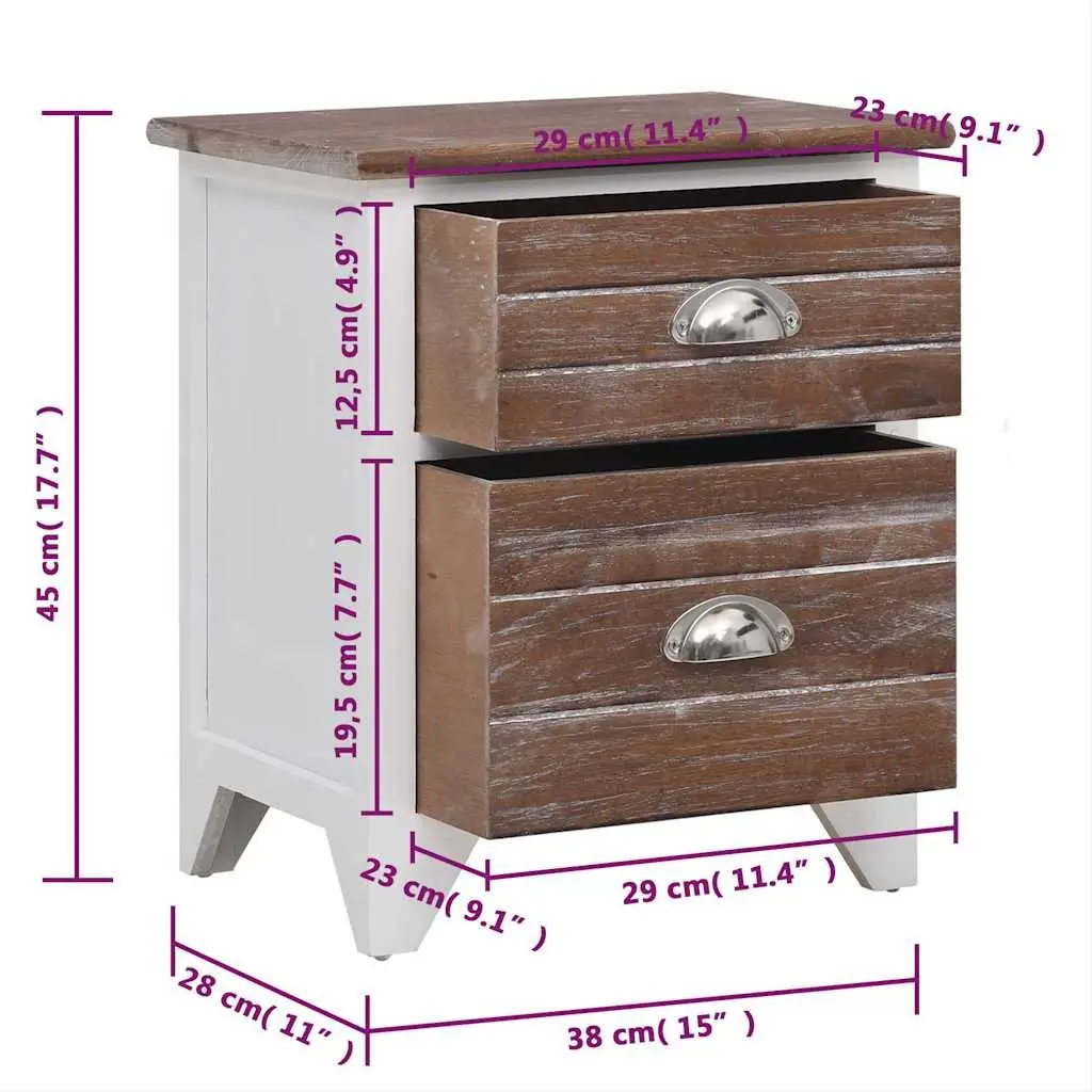 Bedside Table Nightstand 2 Drawer Brown White Bedroom Furniture Storage Cabinet