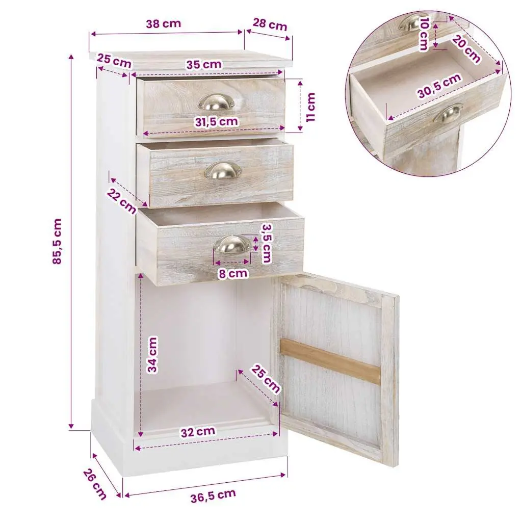 White Wooden Side Cabinet 3 Drawer 1 Door Chest Storage Furniture Bedroom
