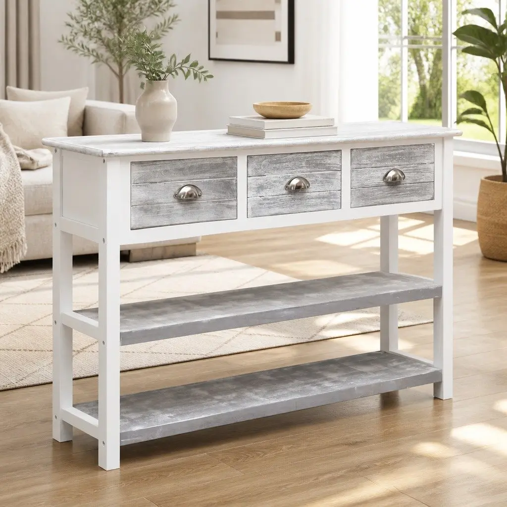Wooden Sideboard Storage Cabinet for Living Room Grey 115cm with 3 Drawers and 2 Shelves