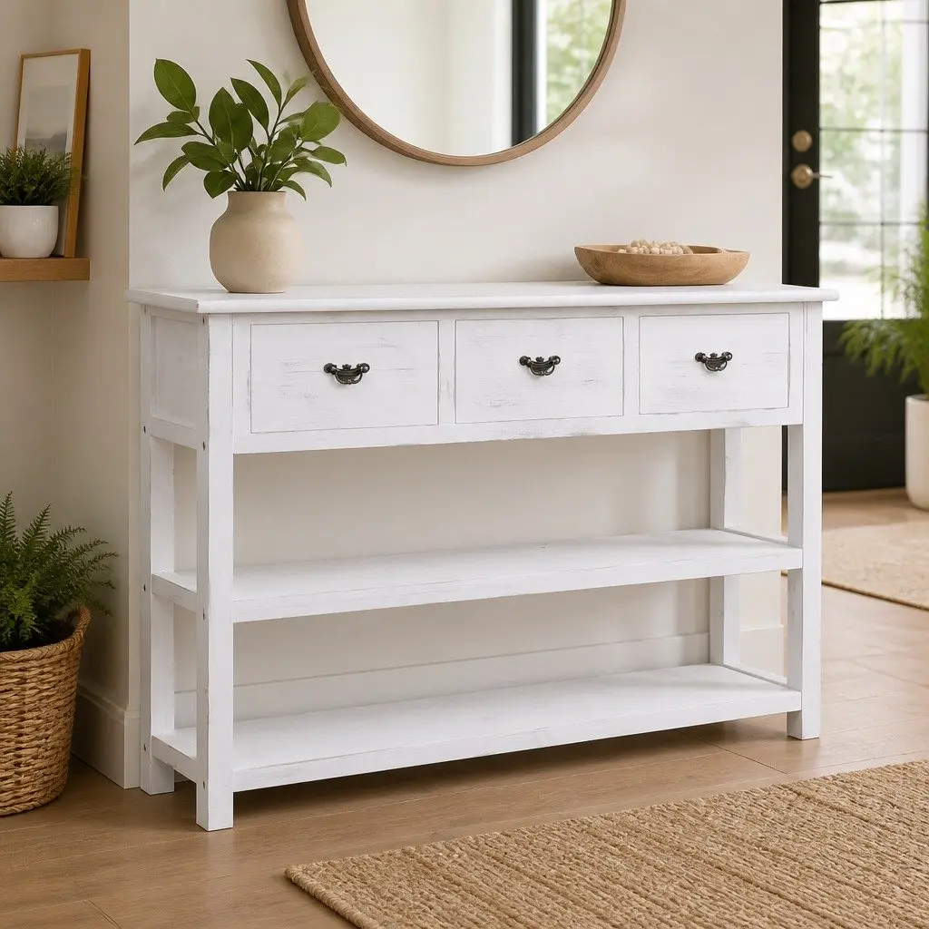 Wooden Sideboard Storage Cabinet for Home 115 x 30 x 76 cm White 3 Drawers 2 Shelves