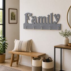 Coat Rack Grey Family Cutout Design, 74x29.5 cm, 5 Hooks