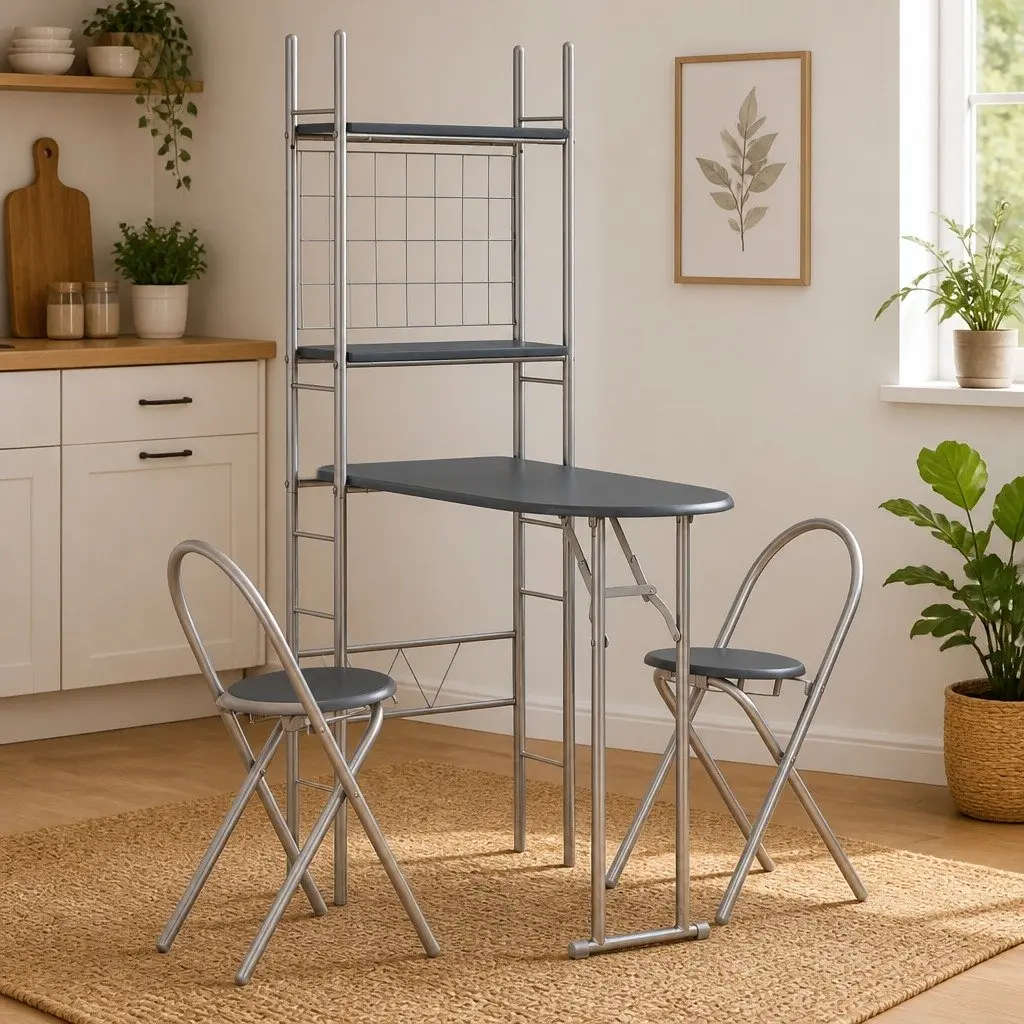 3 Piece Folding Dining Set with Storage Rack Kitchen Table and Chairs Black