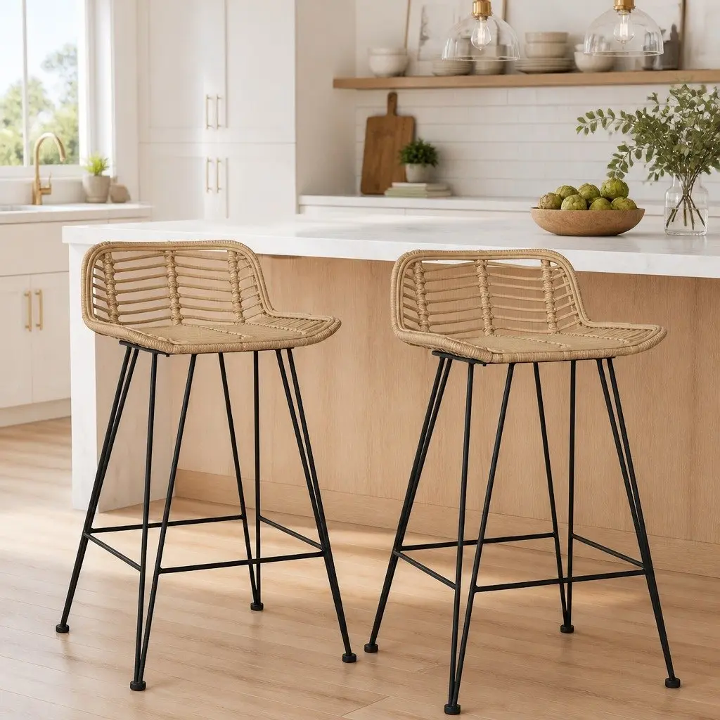Bar Stools for Kitchen Dining Room 2 Piece Natural Rattan Seating Backrest Brown Rustic
