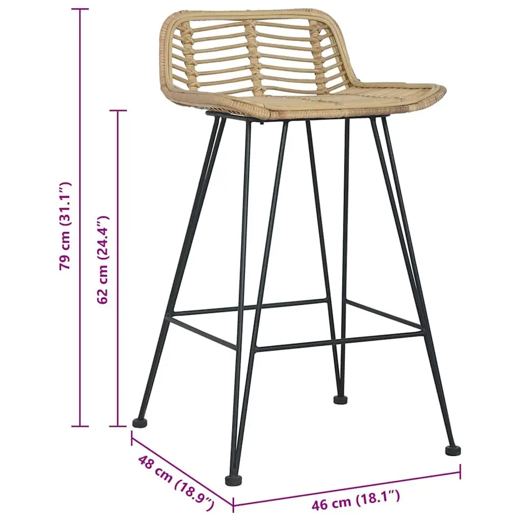 Bar Stools for Kitchen Dining Room 2 Piece Natural Rattan Seating Backrest Brown Rustic