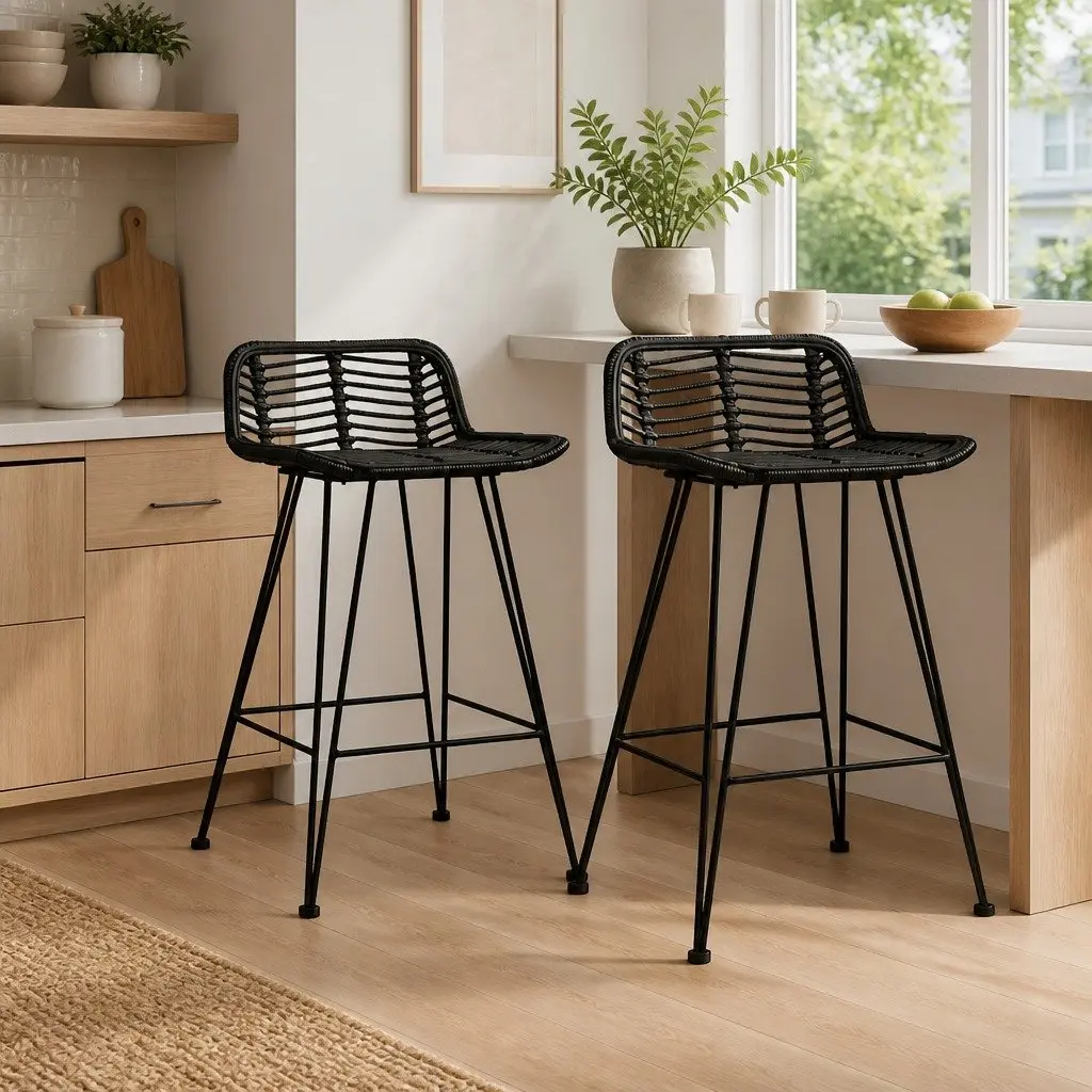 Bar Stools Kitchen Counter Black Rattan Seating 2 Piece