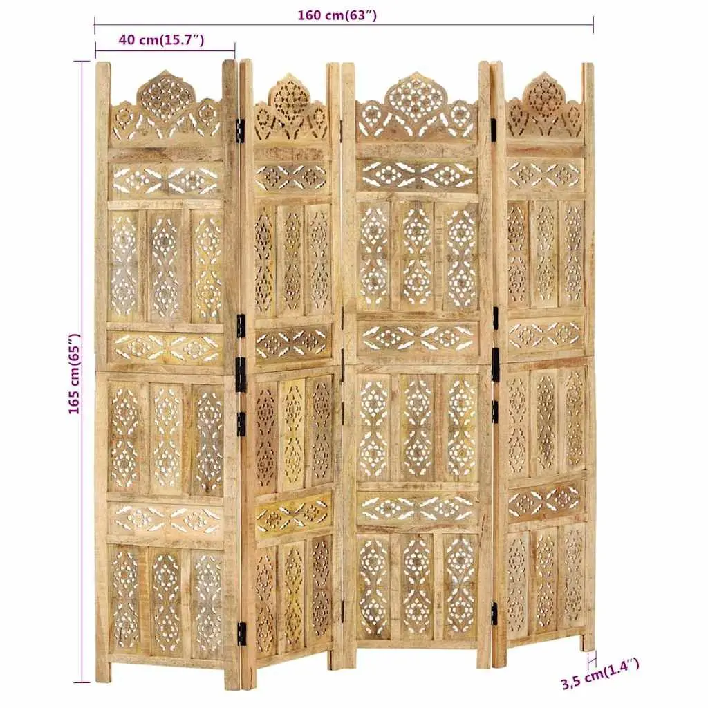 4-Panel Room Divider in Solid Mango Wood