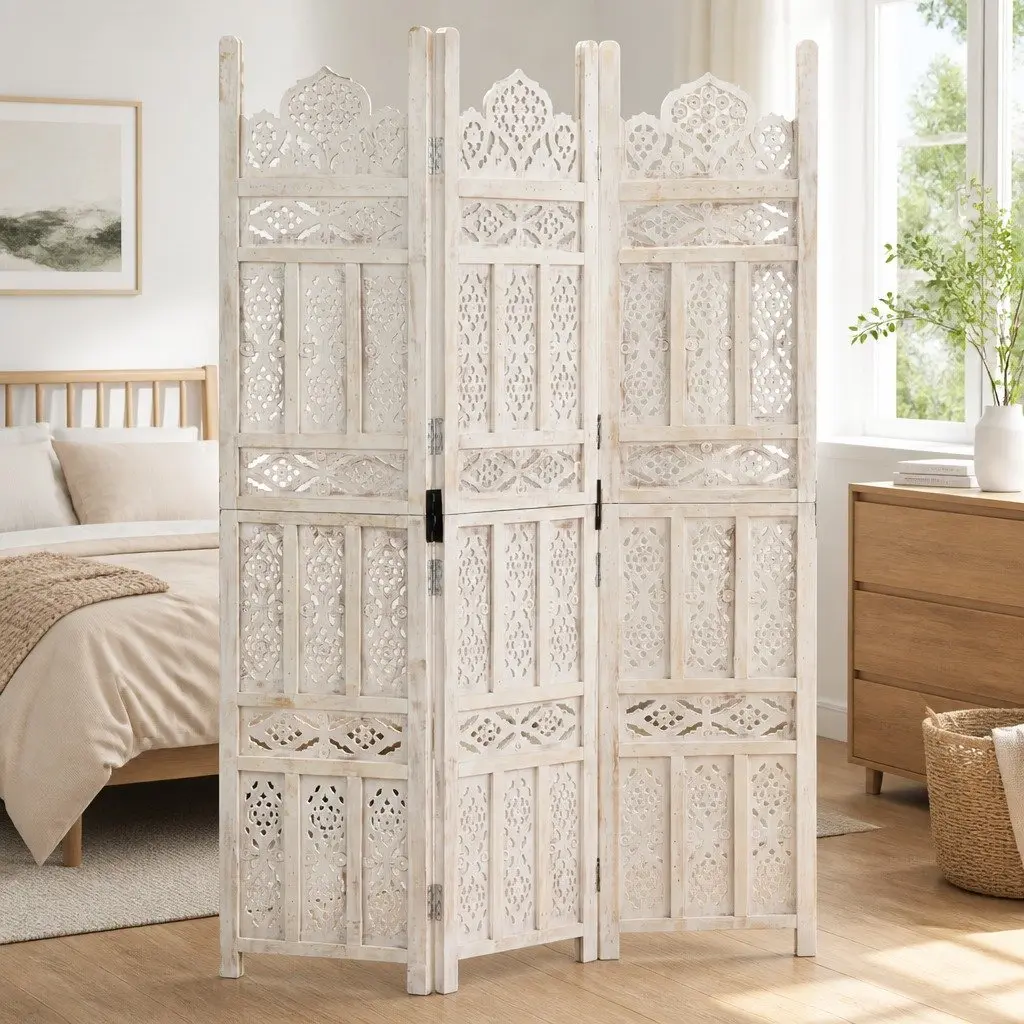 Folding Room Divider for Bedrooms Living Spaces 120x165 cm 3-Panel White Hand Carved Solid Mango Wood