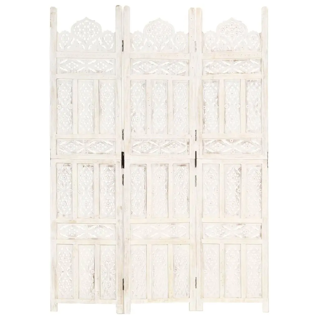 Folding Room Divider for Bedrooms Living Spaces 120x165 cm 3-Panel White Hand Carved Solid Mango Wood
