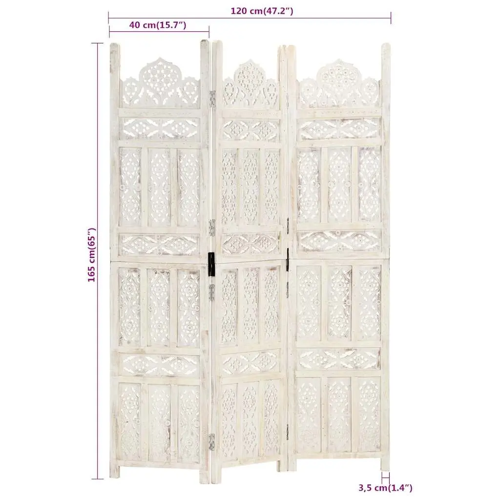 Folding Room Divider for Bedrooms Living Spaces 120x165 cm 3-Panel White Hand Carved Solid Mango Wood