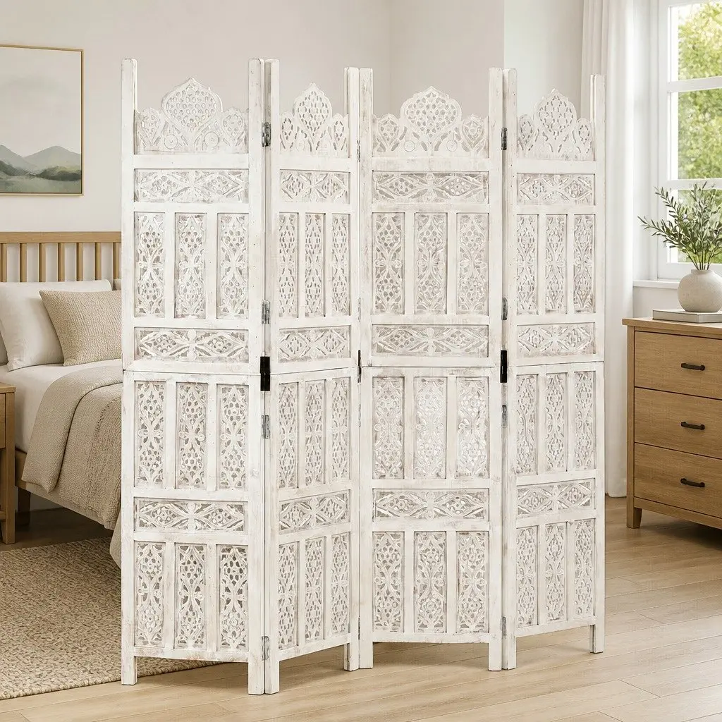 4-Panel Room Divider Hand Carved Wooden Privacy Screen Folding Bedroom