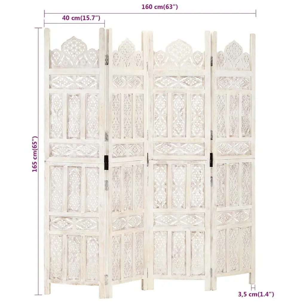4-Panel Room Divider Hand Carved Wooden Privacy Screen Folding Bedroom