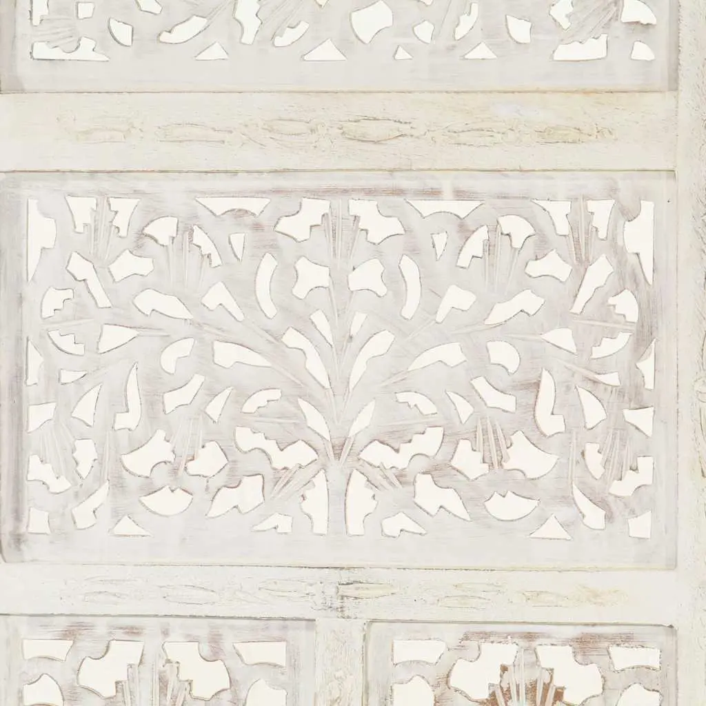 4-Panel Room Divider Folding Privacy Screen Hand Carved Wooden Partition White