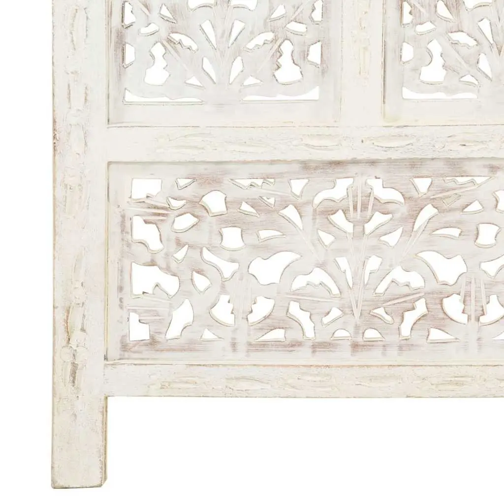 4-Panel Room Divider Folding Privacy Screen Hand Carved Wooden Partition White