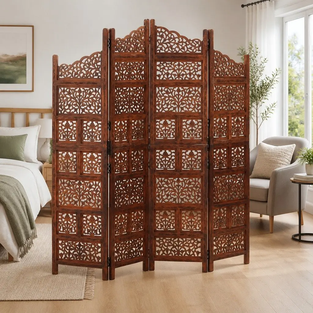 4-Panel Room Divider Hand Carved Wooden Screen Brown Folding Privacy Partition
