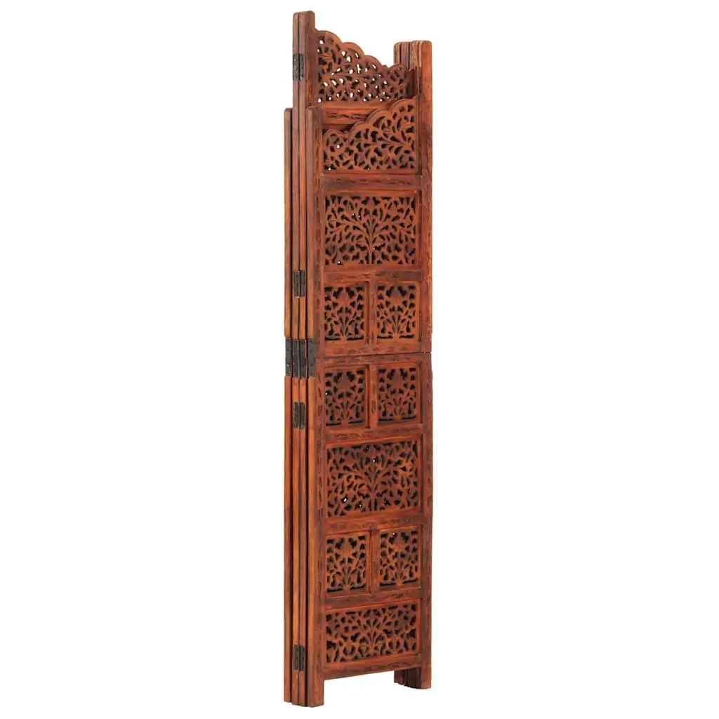 4-Panel Room Divider Hand Carved Wooden Screen Brown Folding Privacy Partition