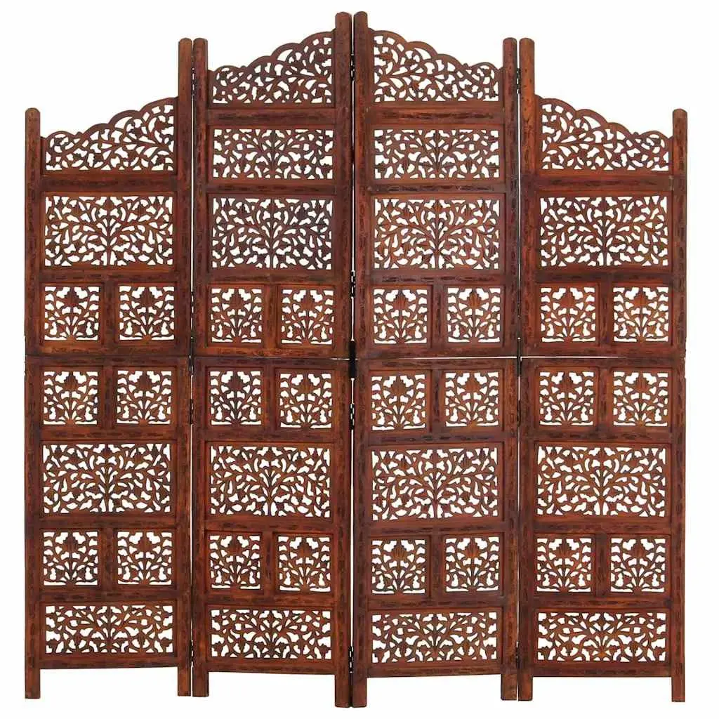 4-Panel Room Divider Hand Carved Wooden Screen Brown Folding Privacy Partition