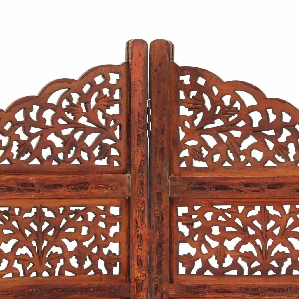 4-Panel Room Divider Hand Carved Wooden Screen Brown Folding Privacy Partition