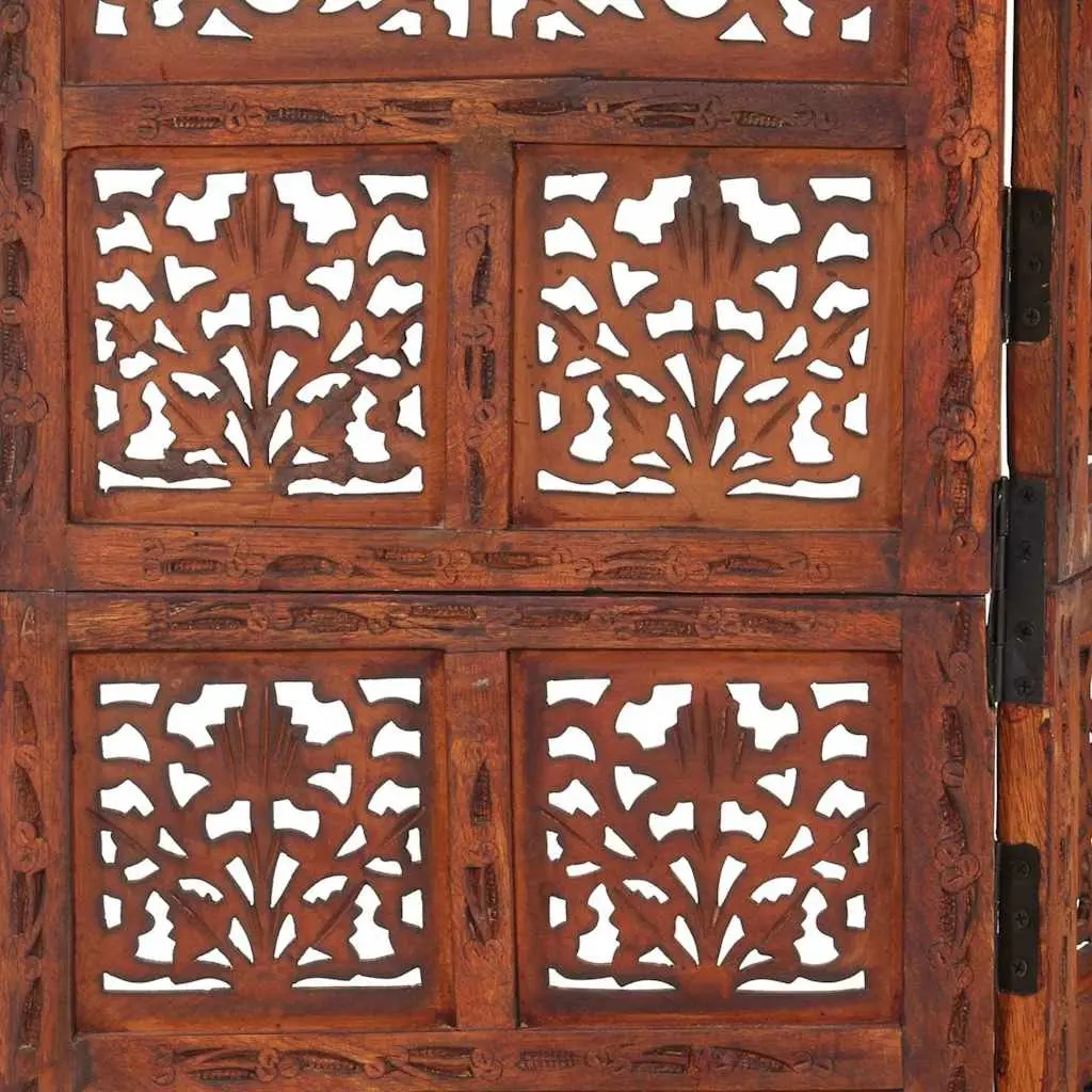 4-Panel Room Divider Hand Carved Wooden Screen Brown Folding Privacy Partition