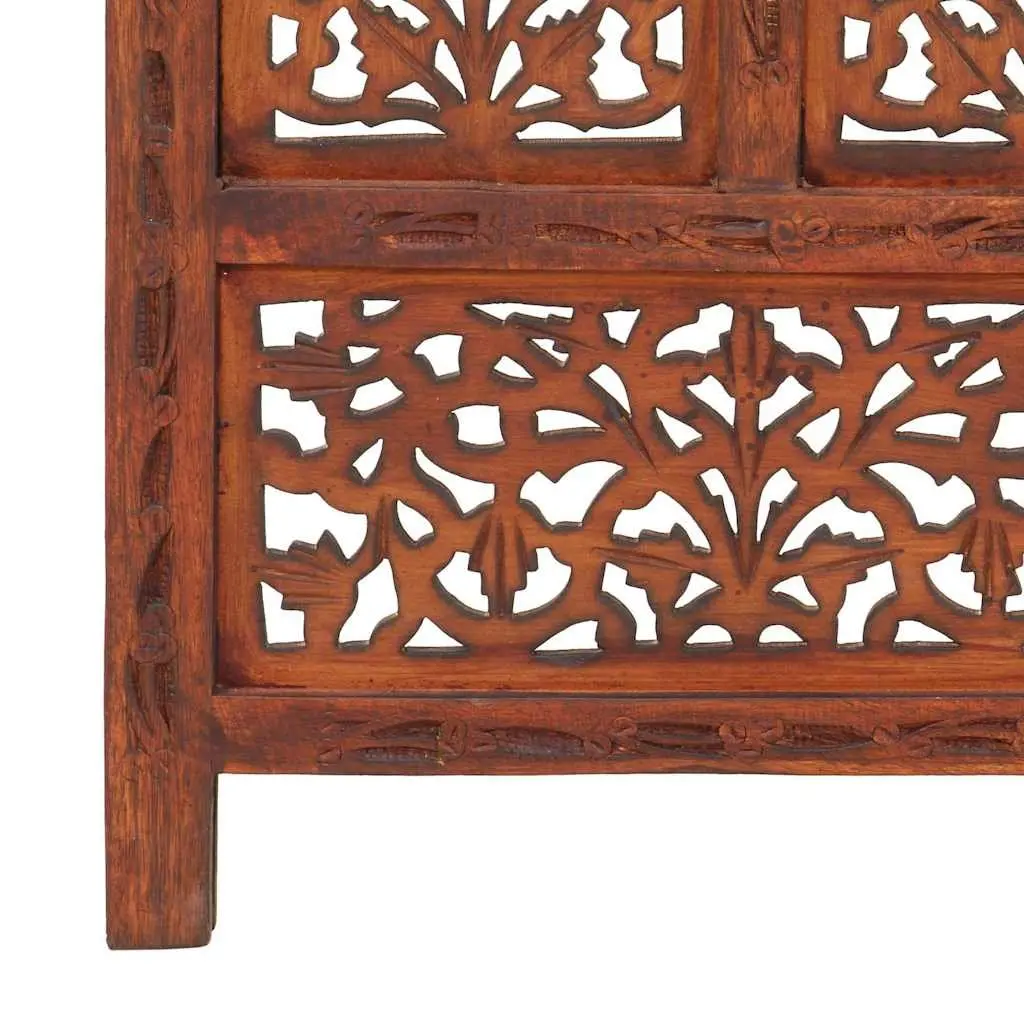 4-Panel Room Divider Hand Carved Wooden Screen Brown Folding Privacy Partition