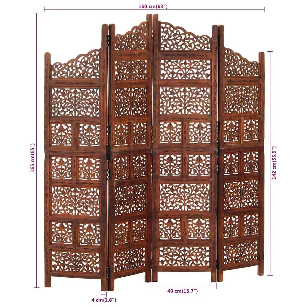 4-Panel Room Divider Hand Carved Wooden Screen Brown Folding Privacy Partition