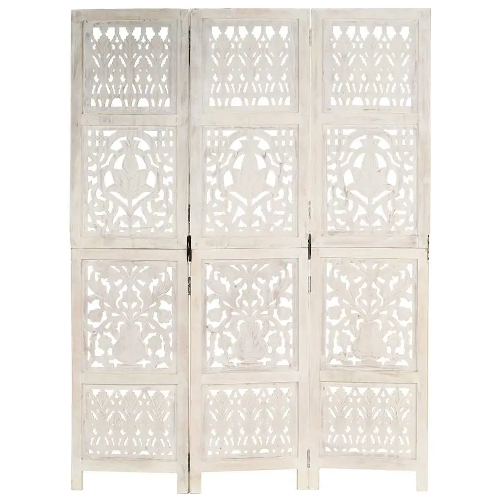 3-Panel Room Divider Hand Carved White Folding Privacy Screen Wooden Partition