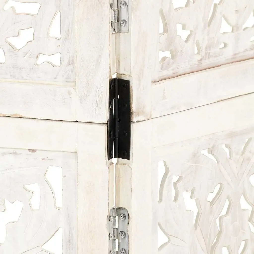 3-Panel Room Divider Hand Carved White Folding Privacy Screen Wooden Partition