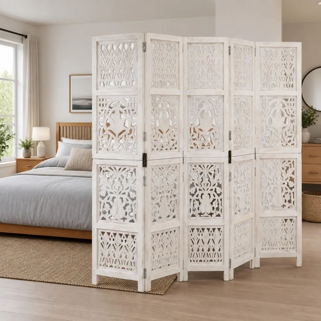 Hand Carved 5-Panel Room Divider White 200x165 cm Folding Privacy Screen