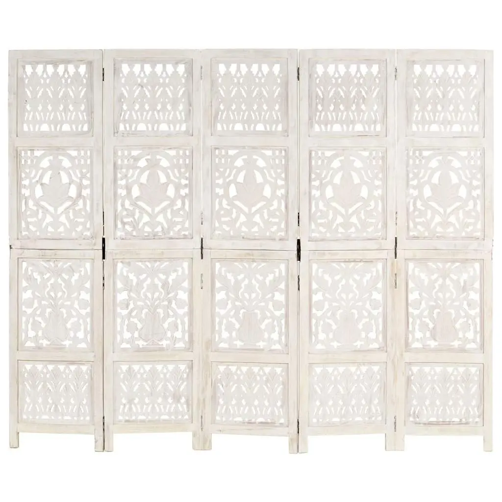 Hand Carved 5-Panel Room Divider White 200x165 cm Folding Privacy Screen