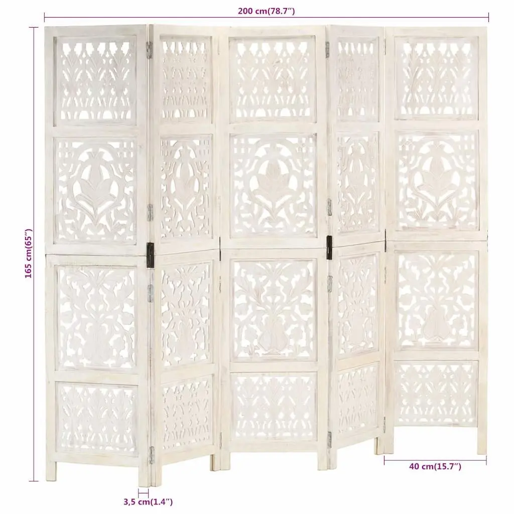 Hand Carved 5-Panel Room Divider White 200x165 cm Folding Privacy Screen