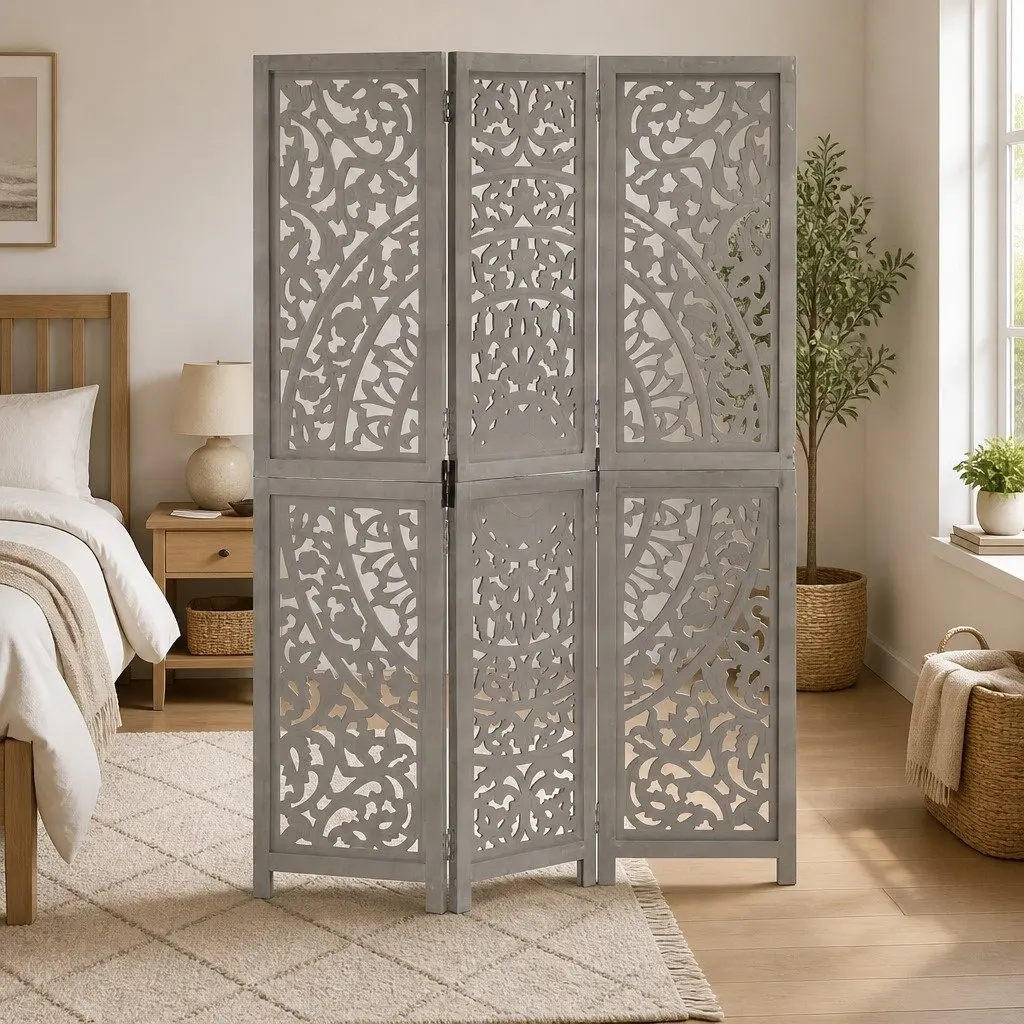 Grey Hand Carved 3-Panel Room Divider