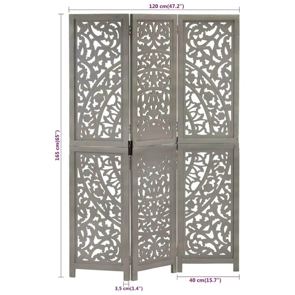 Grey Hand Carved 3-Panel Room Divider