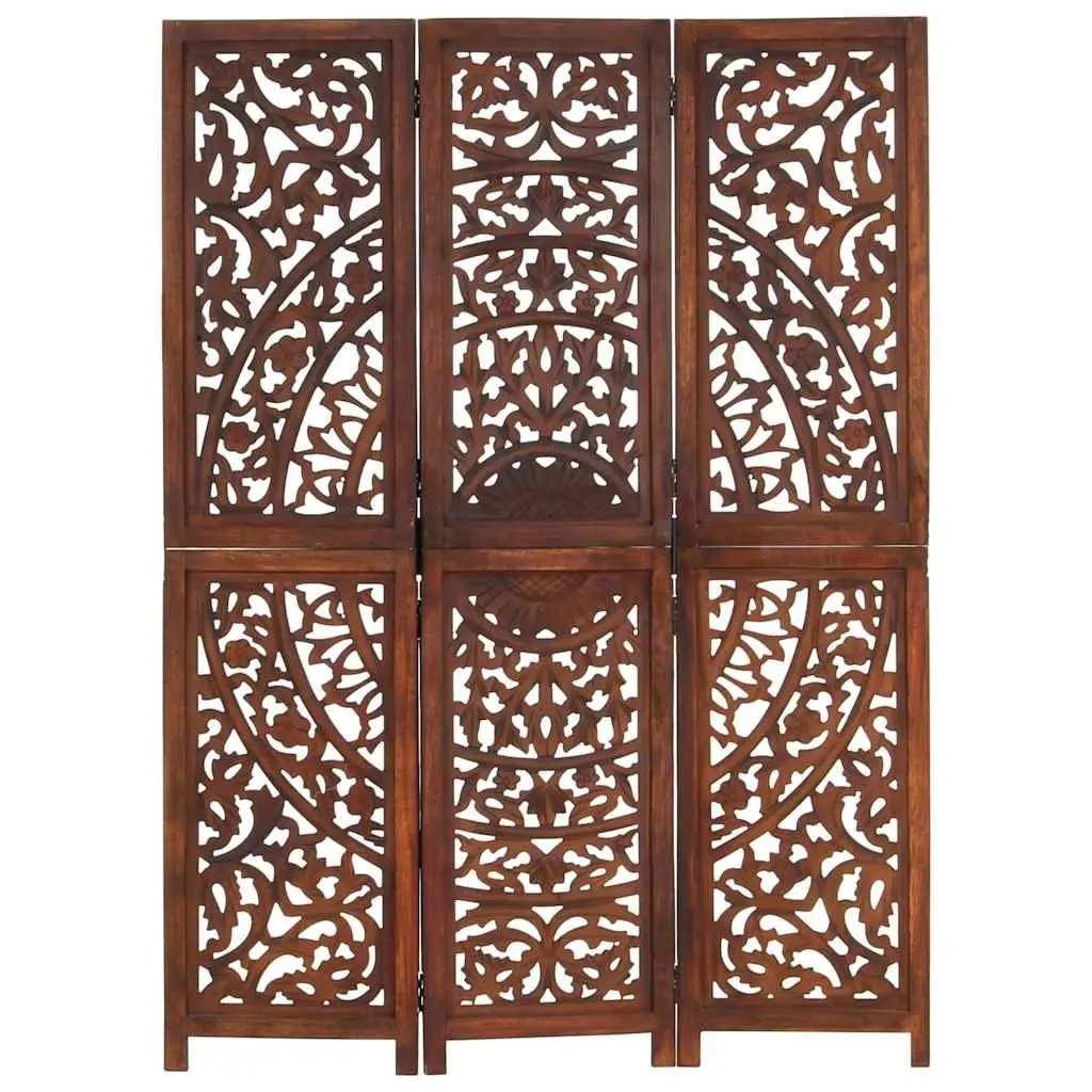 3-Panel Room Divider Hand Carved Folding Privacy Screen Brown Wooden Partition