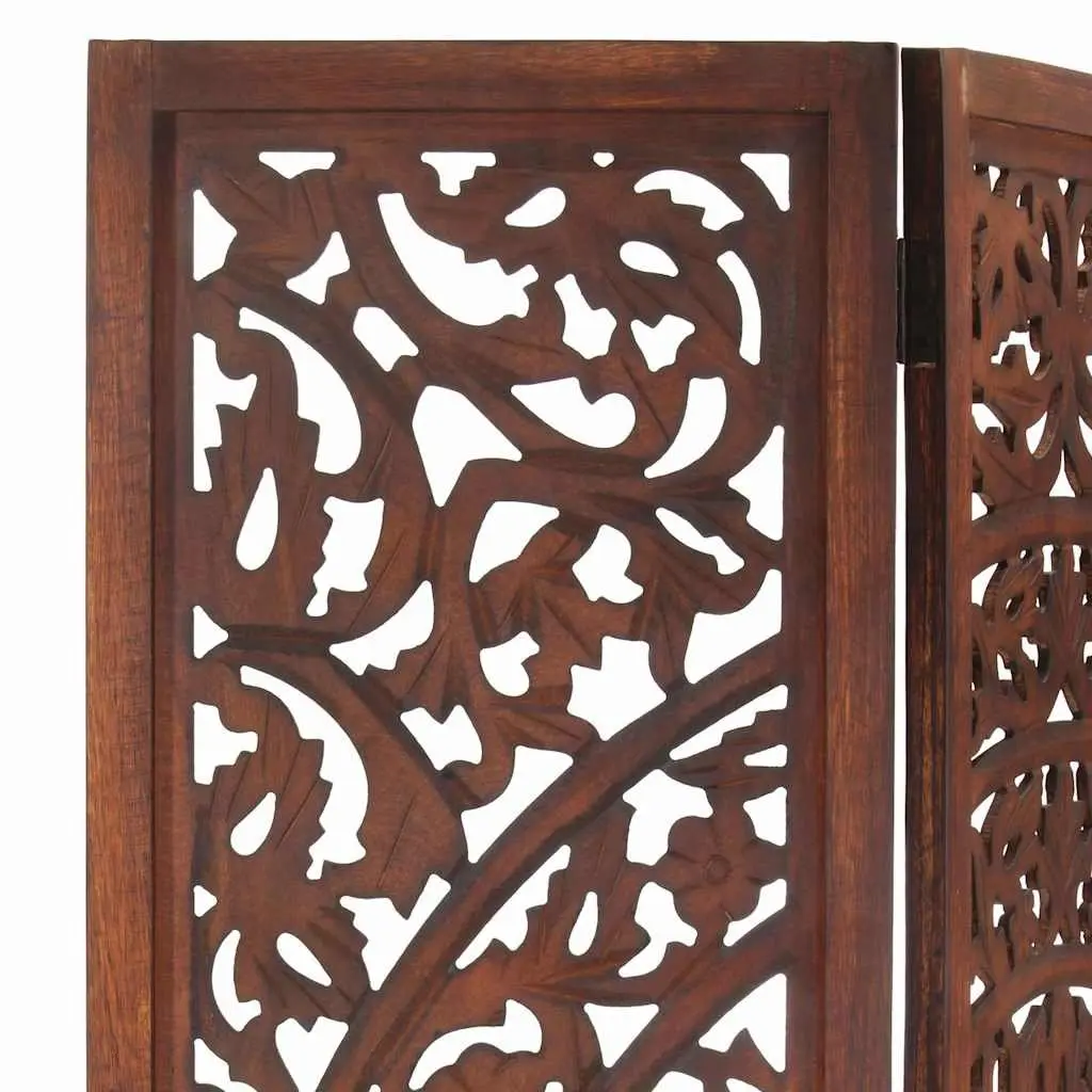 3-Panel Room Divider Hand Carved Folding Privacy Screen Brown Wooden Partition