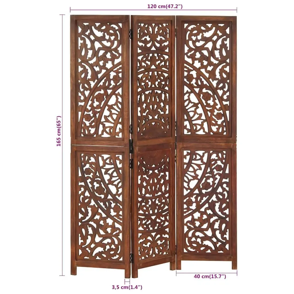 3-Panel Room Divider Hand Carved Folding Privacy Screen Brown Wooden Partition