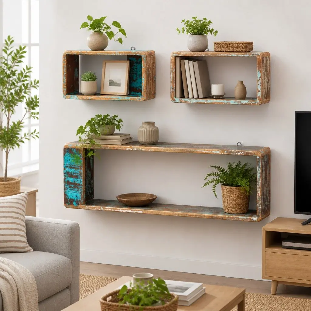 Set of 3 Floating Cube Shelves for Wall Storage and Display Solid Reclaimed Wood Brown