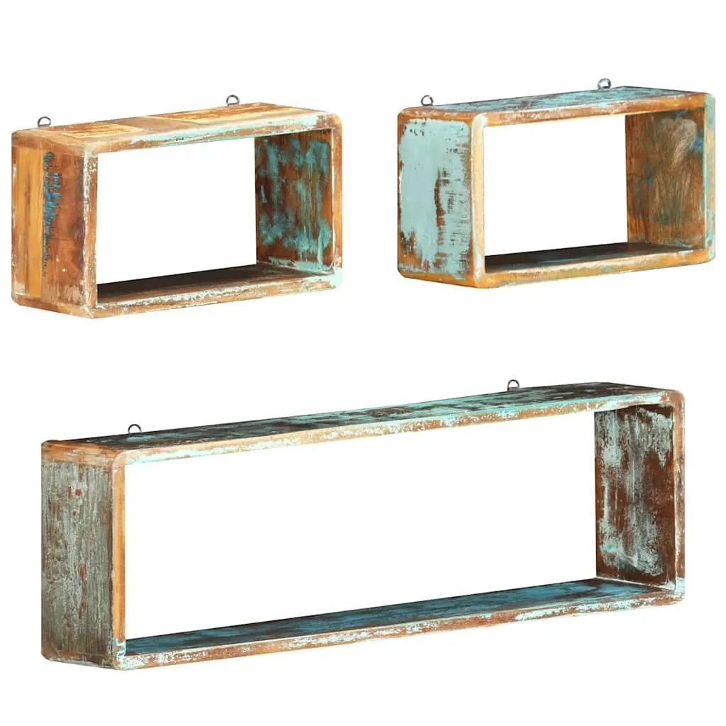 Set of 3 Floating Cube Shelves for Wall Storage and Display Solid Reclaimed Wood Brown