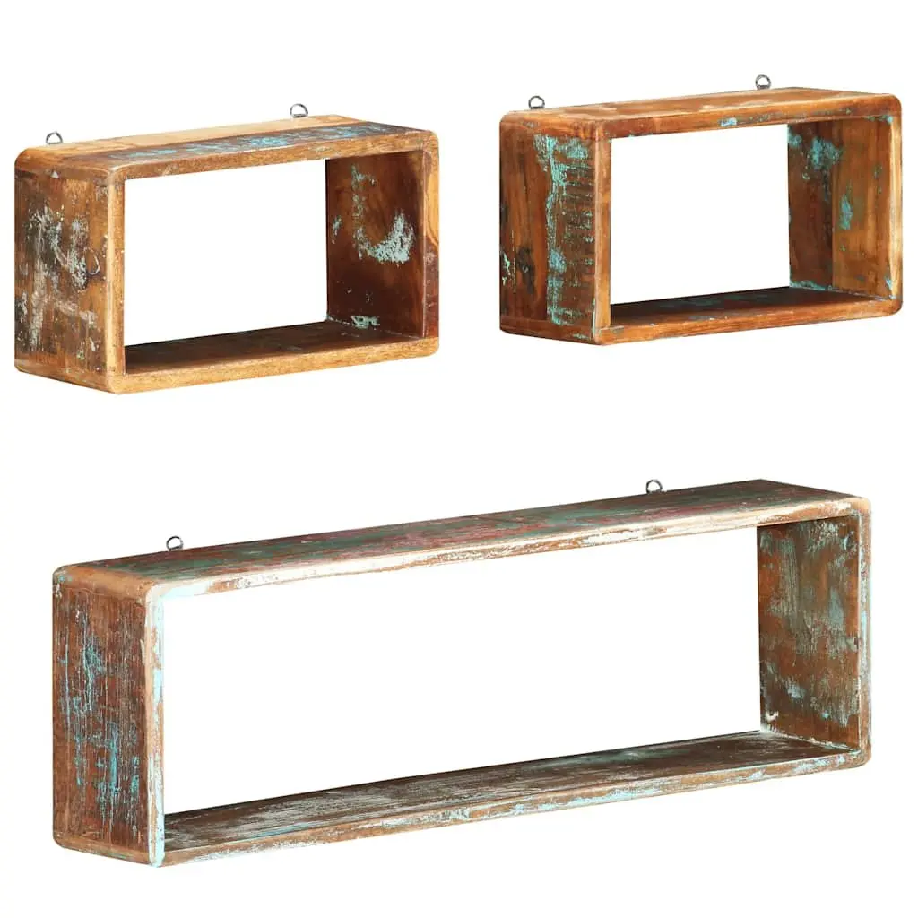 Set of 3 Floating Cube Shelves for Wall Storage and Display Solid Reclaimed Wood Brown